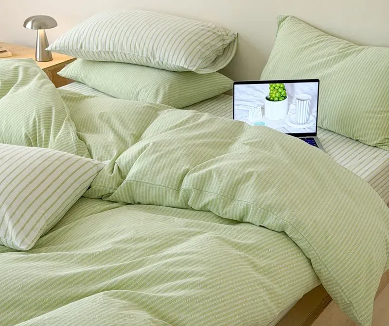 Snuggle Çizgili Yıkanmış Pamuklu Nevresim Takımı / Yeşil