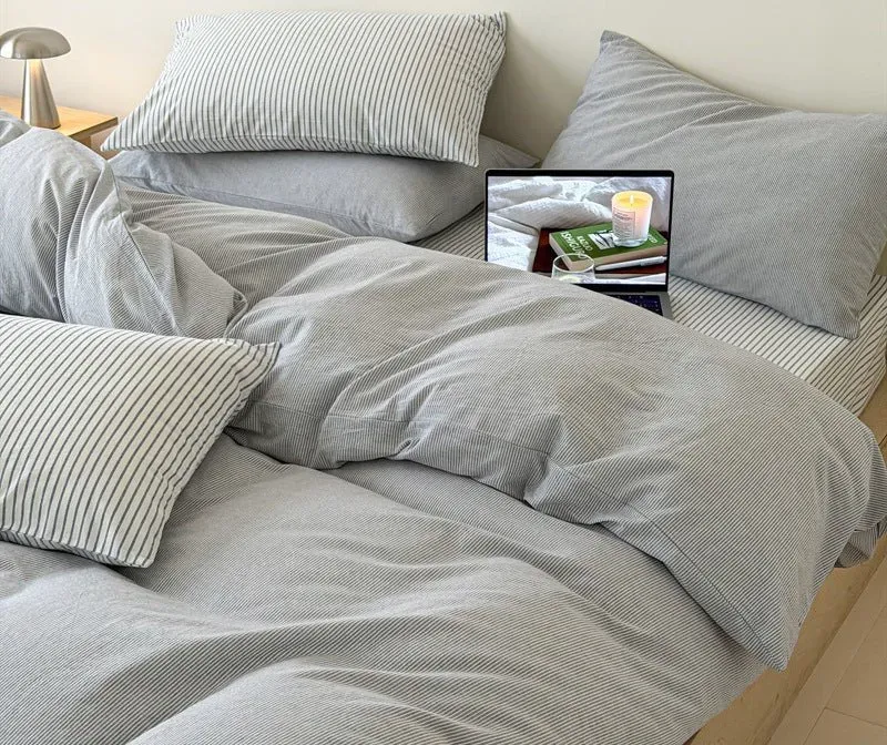 Snuggle Çizgili Yıkanmış Pamuklu Uyku Seti / Gri