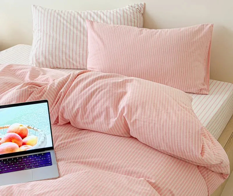 Snuggle Çizgili Yıkanmış Pamuklu Nevresim Takımı / Pembe