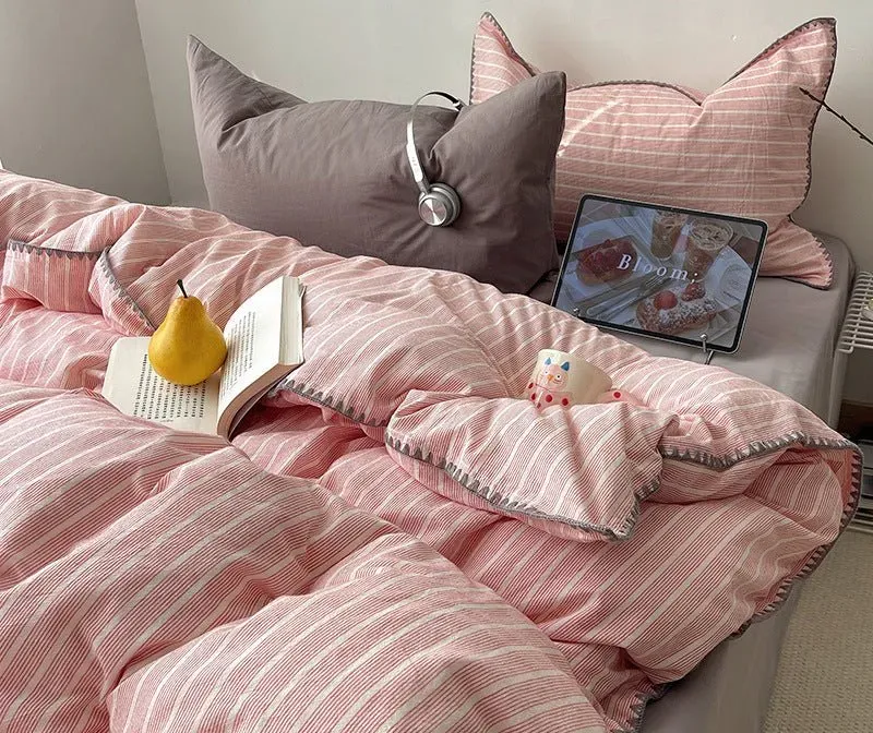 Hudson Çizgili Pamuklu Nevresim Takımı / Pembe-Kahve