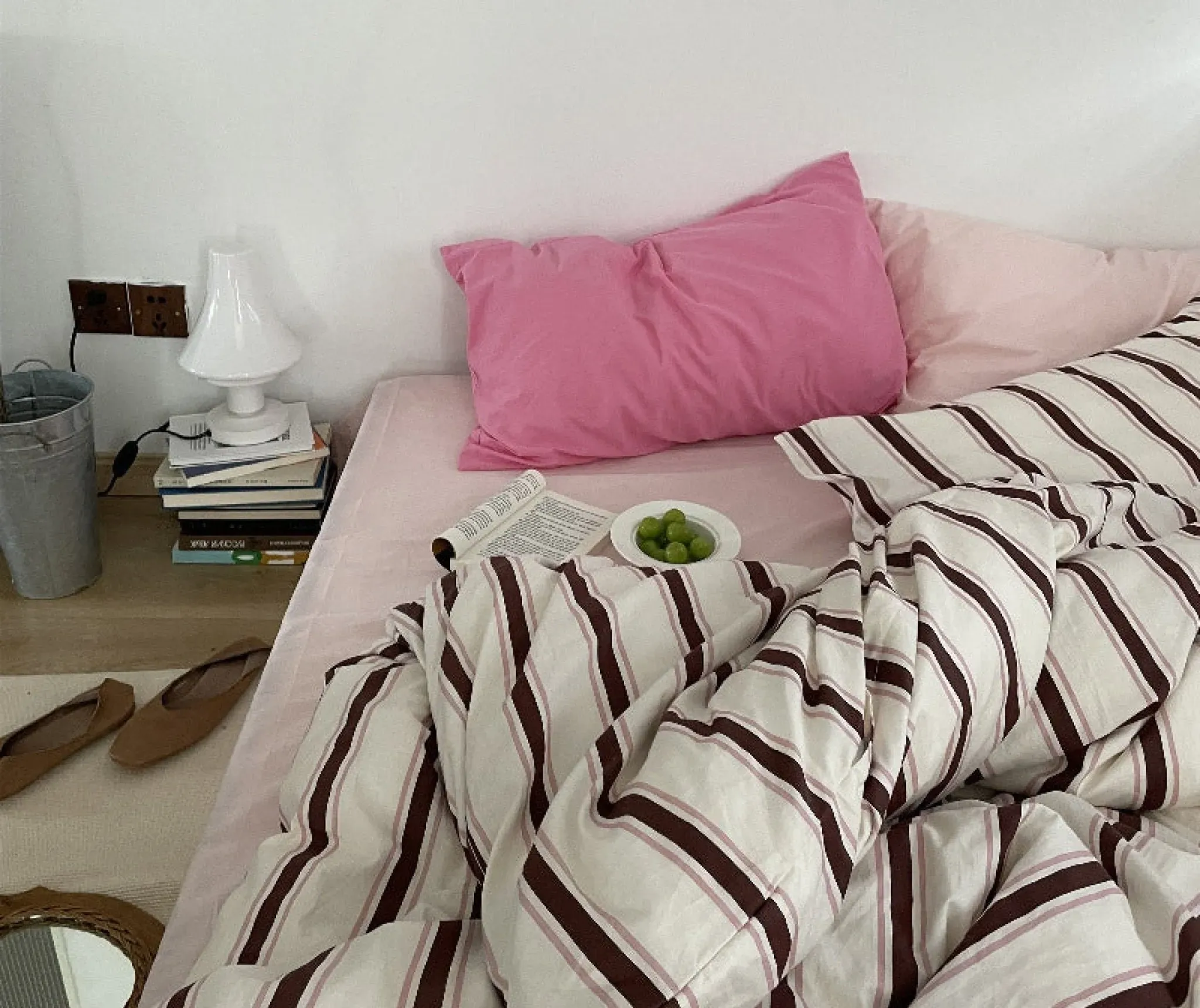 Çizgili Yıkanmış Pamuklu Yorgan Kılıfı / Pembe
